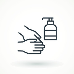 Disinfection. Hand soap linear icon. Hand sanitizer bottle icon, washing gel. Anti-Bacterial Sanitizer Spray gel dispenser hygiene Health care