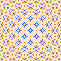 Vector seamless pattern. Abstract simple flower design. Blue and brown elements on a beige background. Modern minimal illustration perfect for backdrop graphic design, textiles, print, packing, etc.