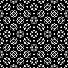Seamless pattern. Vector abstract simple flower design. White elements on a black background. Modern minimal illustration perfect for backdrop graphic design, textiles, print, packing, etc.