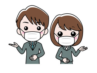 マスクを付けたスーツ姿の男女が案内している 