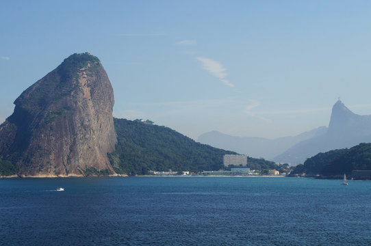  View of Guanabara Bay, Sugarloaf Cable Car and Christ the Redeemer statue, Niteroi, Rio de Janeiro, Brazil