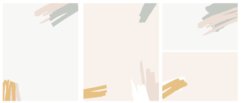 4 Abstract Hand Drawn Childish Style Vector Layouts. Dusty Yellow, Beige and Pale Green Scribbles Isolated on a Light Beige and Off-White Background. Hand Drawn Brush Dabs. No Text.