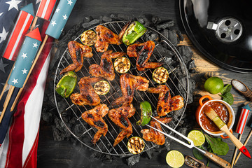 grilled chicken wings and vegetables for American Independence Day July 4