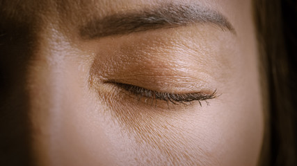 Close Up Macro Shot of an Closed Eye. Young Beatiful Female With Closed Eye. Mascara is Applied to...