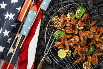 grilled chicken wings and vegetables for American Independence Day July 4