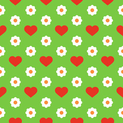 Seamless Pattern with red hearts and white flowers. Modern vector illustration on a green background. Great for festive background, design greeting cards, print, textile, packing, wallpaper, etc.