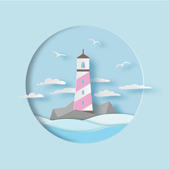 Lighthouse with clouds, gulls and waves. Sea landscape, cartoon marine background. Paper cut style.  Carving art. Vector illustration