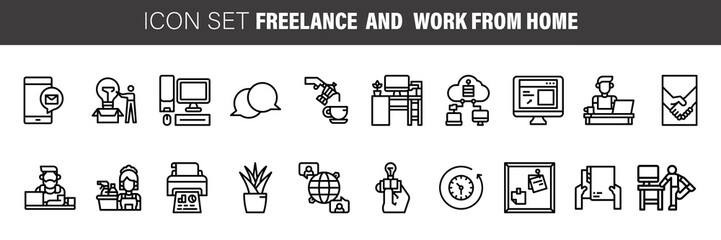 Work from home line icon set. Included icons as self quarantine, stay home, working, online, video conference, office and more.