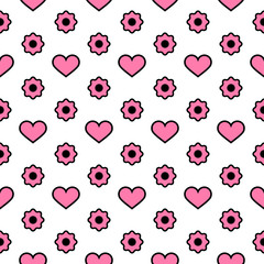 Vector Seamless Pattern. Pink hearts and flowers with a black outline on a white background. Modern illustration great for festive background, design greeting cards, textiles, packing, wallpaper, etc.