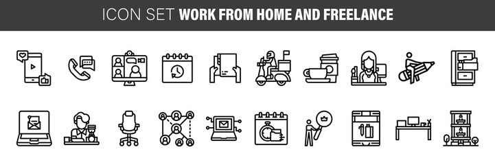 Work from home line icon set. Included icons as self quarantine, stay home, working, online, video conference, office and more.