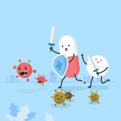 pills holding shield and sword killing coronavirus in flat style. covid-19 outbreaking and pandemic attack concept. 