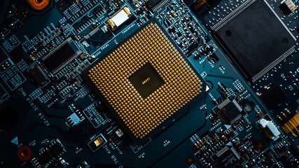 Macro Close-up Shot of Computer Motherboard with CPU Processor Socket. Printed Circuit Board:...