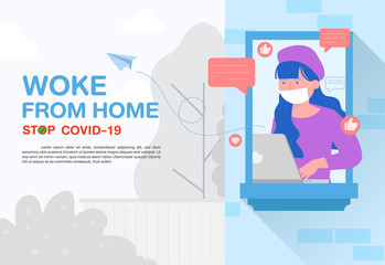 female wearing protective medical mask  working from home in flat style. stay at home and stay safe for protect coronavirus. covid-19 outbreaking and pandemic attack concept. 