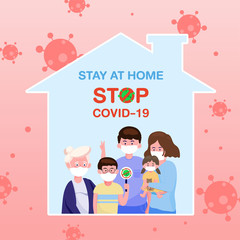 the family wearing protective medical mask in flat style stay at home and stay safe for protect coronavirus. covid-19 outbreaking and pandemic attack concept. 