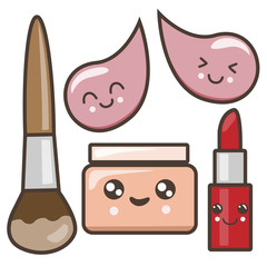 A set of funny pictures on the theme of cosmetics: lipstick, cream, sour, patches for the eyes. Kawaii illustration.