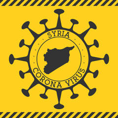 Corona virus in Syria sign. Round badge with shape of virus and Syria map. Yellow country epidemy lock down stamp. Vector illustration.