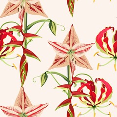 Seamless tropical plants and Gloriosa glory lily flowers summer print. Pattern on beige background for printing.