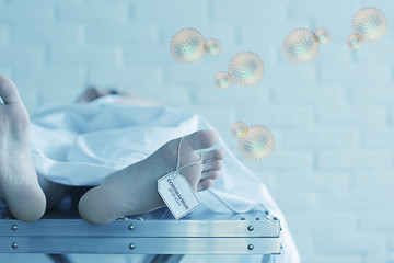 concept imitation morgue, coronavirus victim killed by 2019-ncov, legs of a corpse on a table, man...