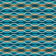 Vector seamless pattern. Colored horizontal wavy lines intertwined on a dark turquoise background. Illustration great for holiday background, greeting card design, textiles, packaging, wallpaper, etc.