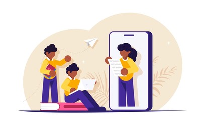 People while browsing the webinar. Online education by watching videos on your mobile phone. Modern flat vector illustration.