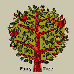 Folk vibes decorative fairytale tree with birds