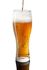 Freeze motion of pouring cold beer in glass on white background