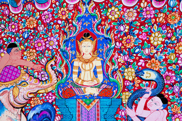 Mural painting of the history of temples in Thailand