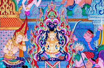 Mural painting of the history of temples in Thailand