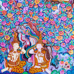 Mural painting of the history of temples in Thailand