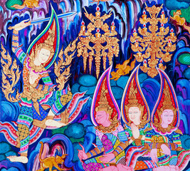 Mural painting of the history of temples in Thailand