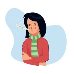Flat style vector illustration, Girl or women or people with fever. wear a thermometer. character shivering in the cold. sickness concept.