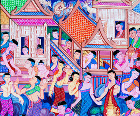 Mural painting of the history of temples in Thailand © Benzine