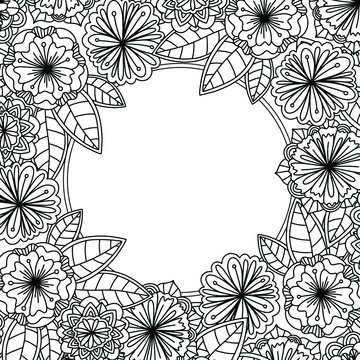 Flowers and leaves hand drawn zentangle style vector frame. Doodle art decorative border.