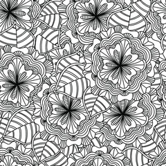 Fototapeta na wymiar Doodle flowers and leaves hand drawn seamless pattern. Vector zentangle style floral coloring book page.