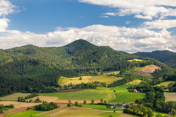 the Austrian landscape from the top of the fields with the mountains
