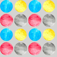 Yellow, blue, red and grey watercolor circles on grey background: abstract seamless pattern, dotted wallpaper design, colorful textile print.