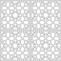 Black and white 2D CAD drawing of Islamic pattern. Islamic patterns use elements of geometry that are repeated in their designs.