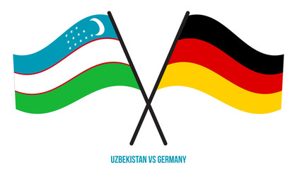 Uzbekistan and Germany Flags Crossed And Waving Flat Style. Official Proportion. Correct Colors