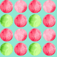 Pink and green watercolor circles on blue background: abstract seamless pattern, dotted wallpaper design, bright textile print.