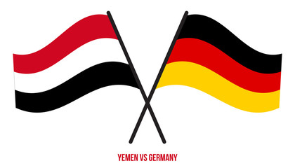 Yemen and Germany Flags Crossed And Waving Flat Style. Official Proportion. Correct Colors