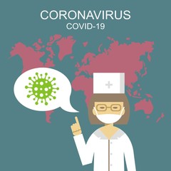 Doctor woman on world map background, around viruses