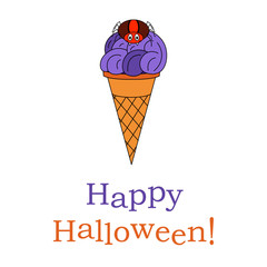 A funny smiling spider sits on an ice cream. Halloween concept with cartoon red spider. Happy Halloween text. Flat vector illustration. Design for Halloween card, invitation.