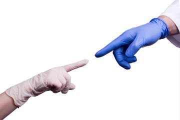 Hands wearing sterile latex gloves reaching toward each other. Doctors and nurse hands isolated on...