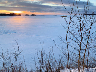 Sunrise over lake Uvildy in late autumn. South Ural, Chelyabinsk region, Russia