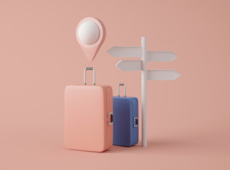 3D Illustration. Mockup of travel suitcase, signpost and map pointer.