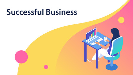 Presentation of a successful business. Modern girl works in the office at a laptop. Sits at a table, holding coffee in his hand. Place for text. Vector illustration in isometric style.