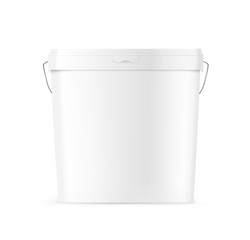 White plastic bucket for paints, food. Realistic vector illustration isolated on white background. Ready for your design. EPS10.