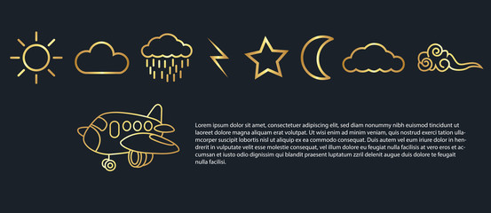 abstract background,Airplane,clouds,moon,sun,rain,thunder,star,gold color,vector illustrations
