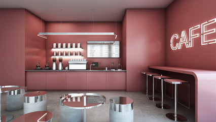 Cafe shop Modern & Loft design,Counter dark pink gloss waiting,Neon text on concrete wall,Counter cafe top metal dark pink gloss,Dark pink gloss wall,Waiting seat,Concrete floor,-3D render