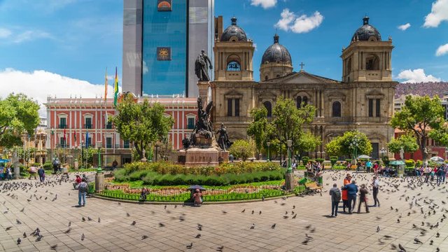Time lapse view of Plaza Murillo showing historical landmarks Presidential Palace and La Paz Cathedral in central La Paz, Bolivia, South America.